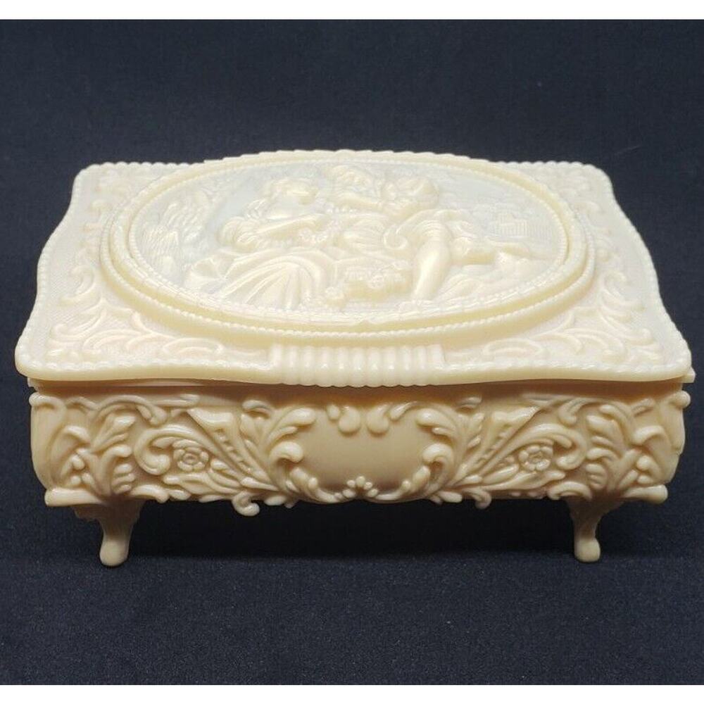 Vintage Victorian Couple celluloid Jewelry Box Trinket Gift & Mirror Fancy Gift